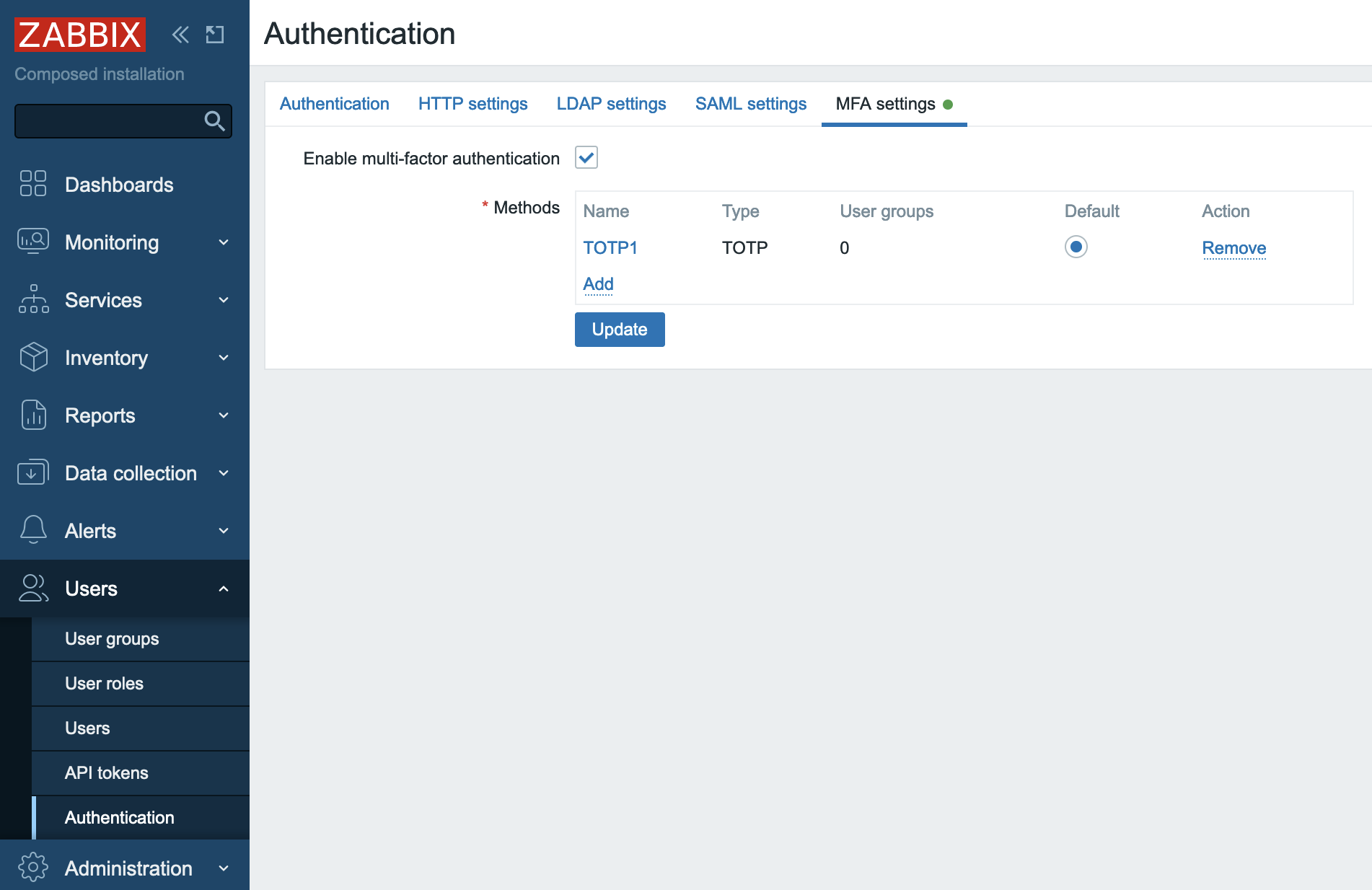 MFA Settings TOTP configured