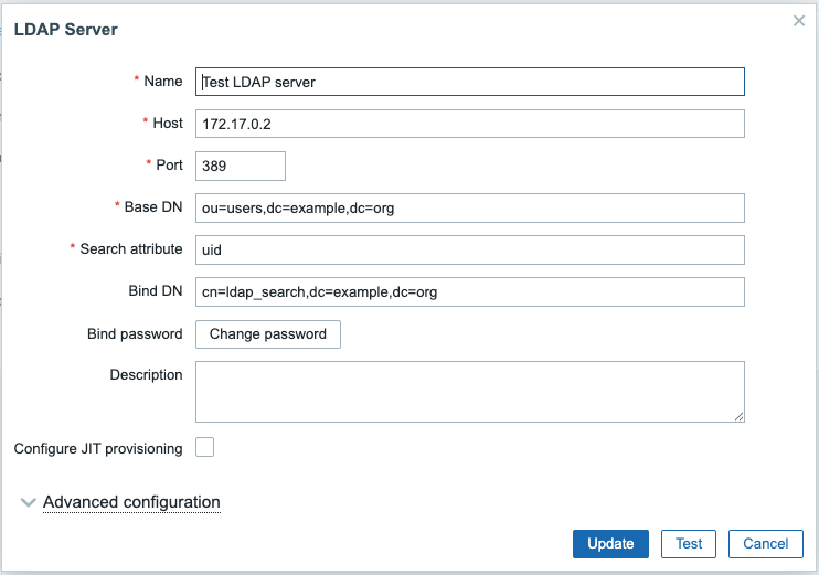 Configurações do servidor LDAP no
Zabbix