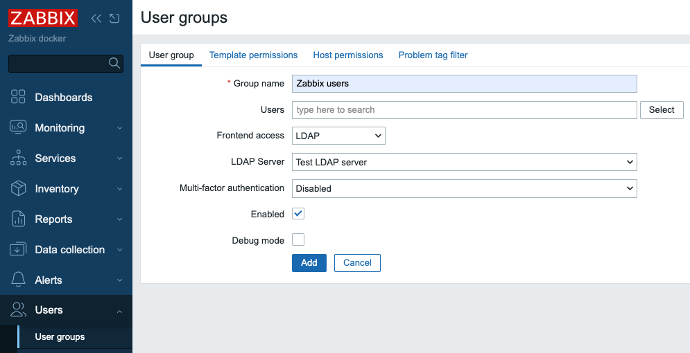 Adicionar grupo de usuários no
zabbix