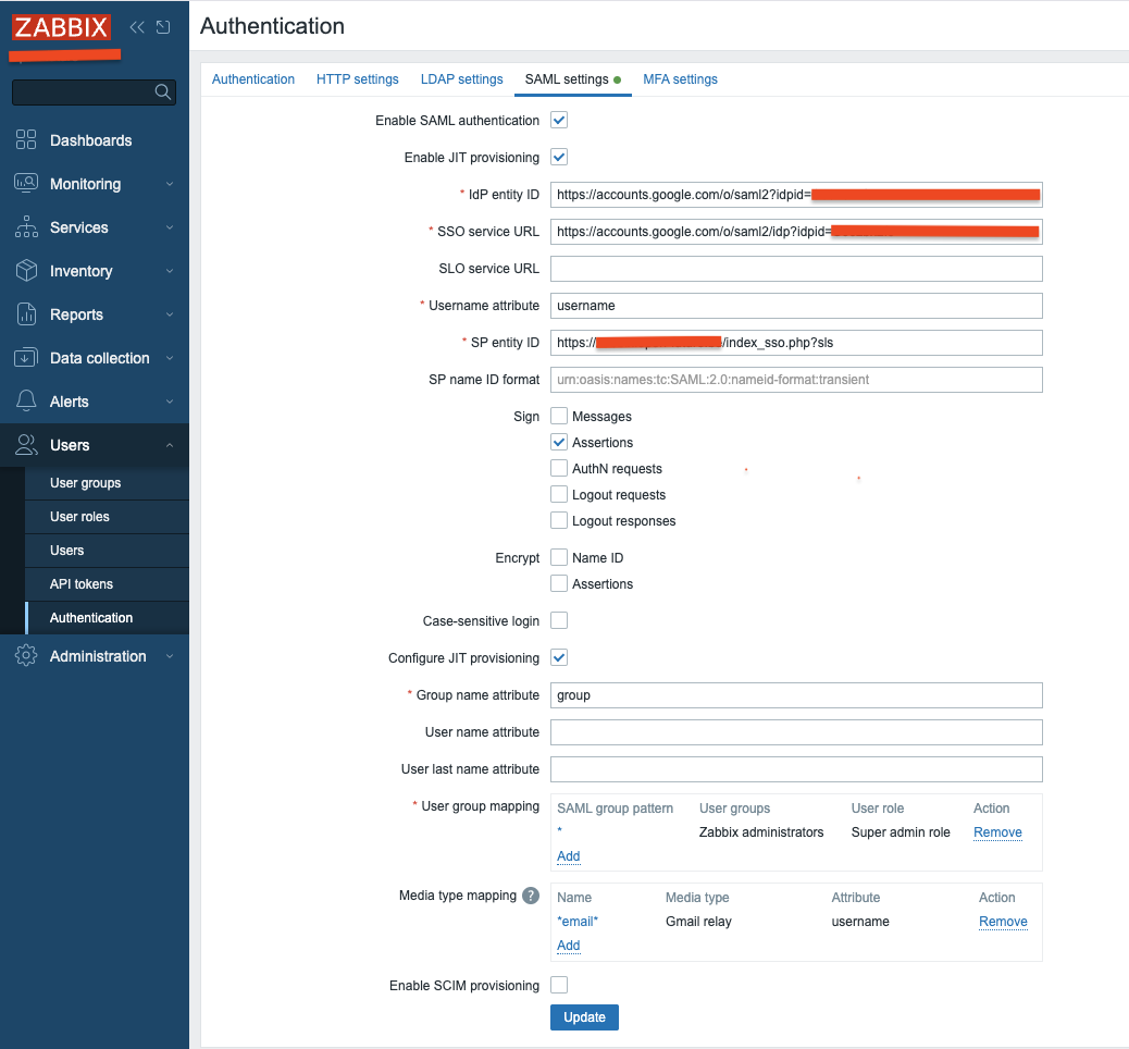 google saml config