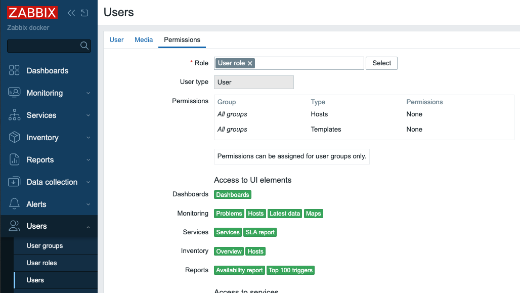 Add user in Zabbix - permissions