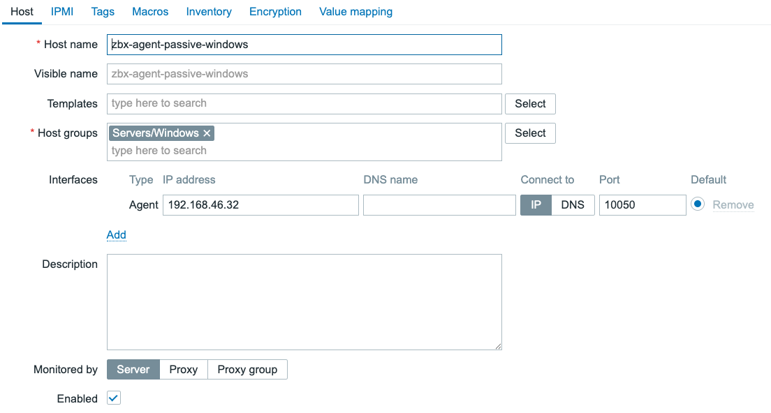 Zabbix Agent passive Windows host