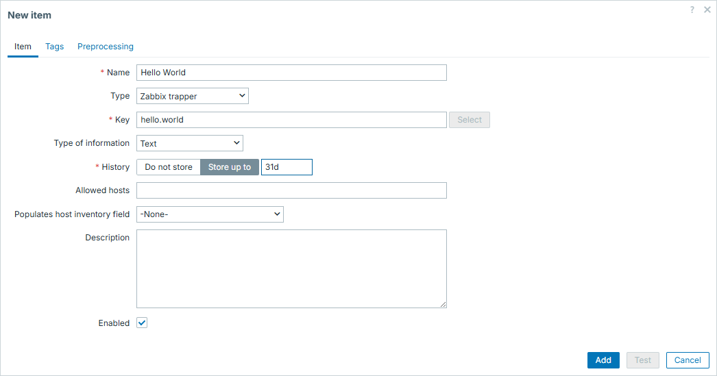 Zabbix trapper - first item