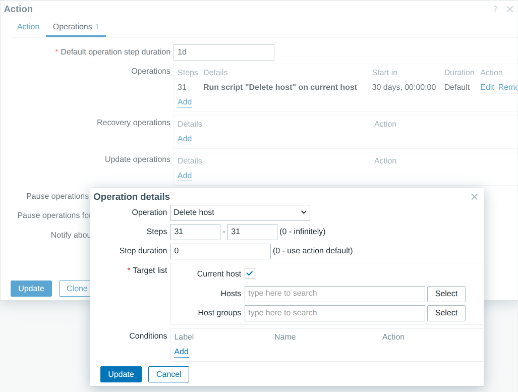 Delete host action operations